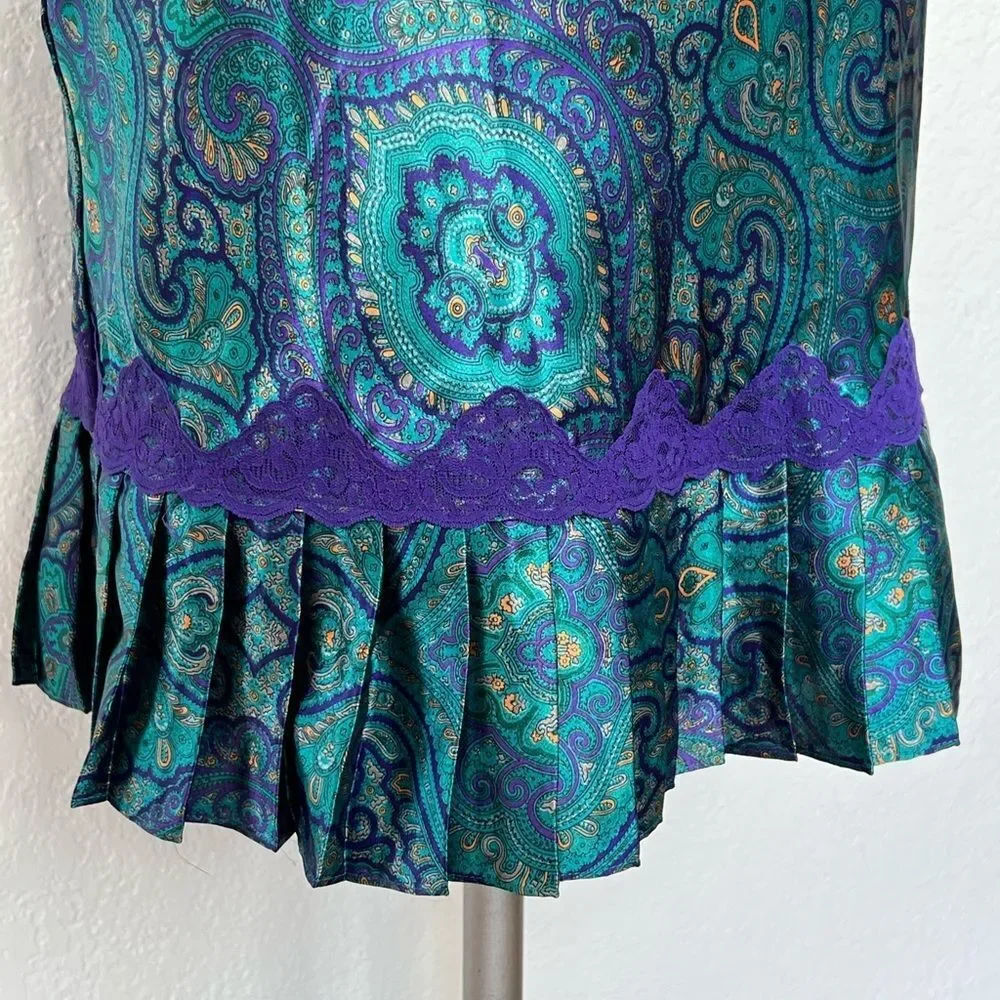 Vintage gold label VS Victorias Secret teal paisley lace Y2K mini slip dress S